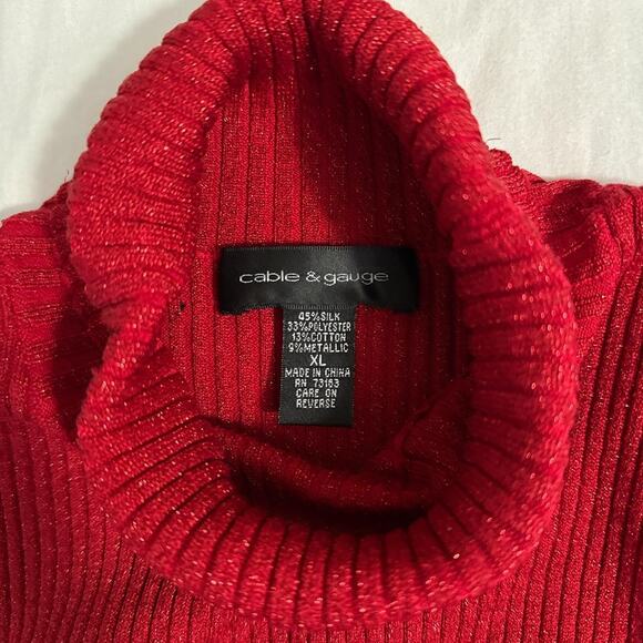 red sleeveless turtleneck shimmer metallic ribbed knit top cable & gauge xl - Picture 4 of 5